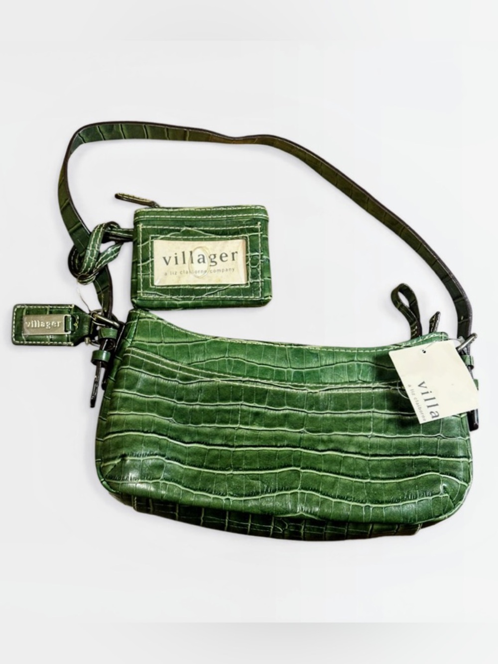 Villager Green Croc-Embossed Mini Shoulder Bag with Cardholder and Key Chain
